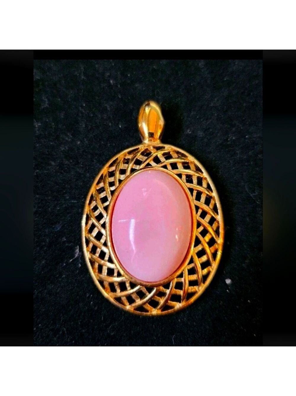 Vintage TRIFARI Pink Glass Pendant  Openwork Boarder